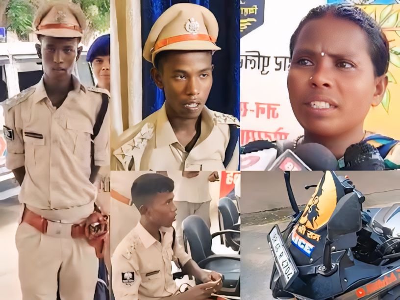 The uploaded image shows a collage of several scenes related to the recent arrest of an 18-year-old boy impersonating an IPS officer in Jamui, Bihar. In the image, the young man is seen wearing an IPS uniform, standing next to police officers. One part of the collage shows his interaction with law enforcement while being questioned, and another image features his mother talking to the media. There's also a photo of a bike with a "police" sticker, which the fake officer used to create a sense of authority. The purpose of this image is to highlight the various elements of the case, including the boy's impersonation, his interactions with the police, his family's response, and the use of props like the bike to add authenticity to his deception. It underscores the seriousness of such fraud while providing a visual summary of the entire incident.