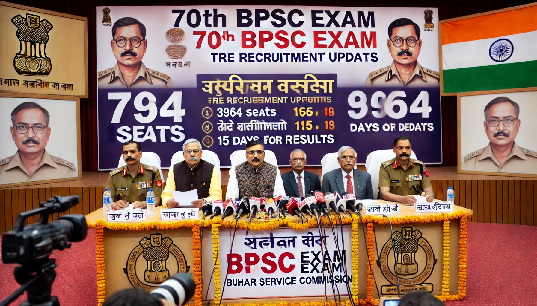 BPSC officials at a press conference, addressing the media about 70th BPSC Exam and TRE Recruitment updates. Banners in Hindi and a screen displaying key statistics like 1964 seats and results in 15 days are visible behind them
