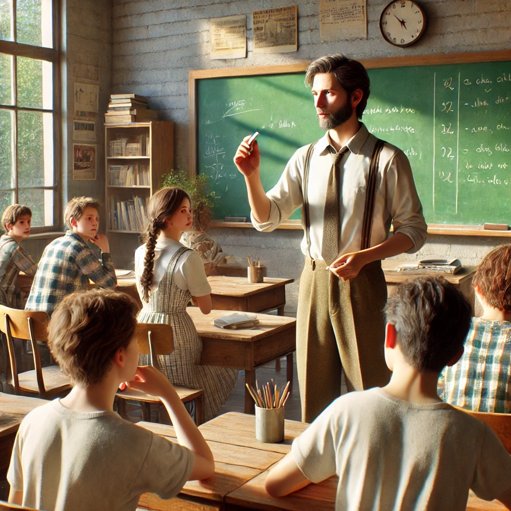 Teacher instructing students in a classroom with natural sunlight and wooden desks in a rural school setting