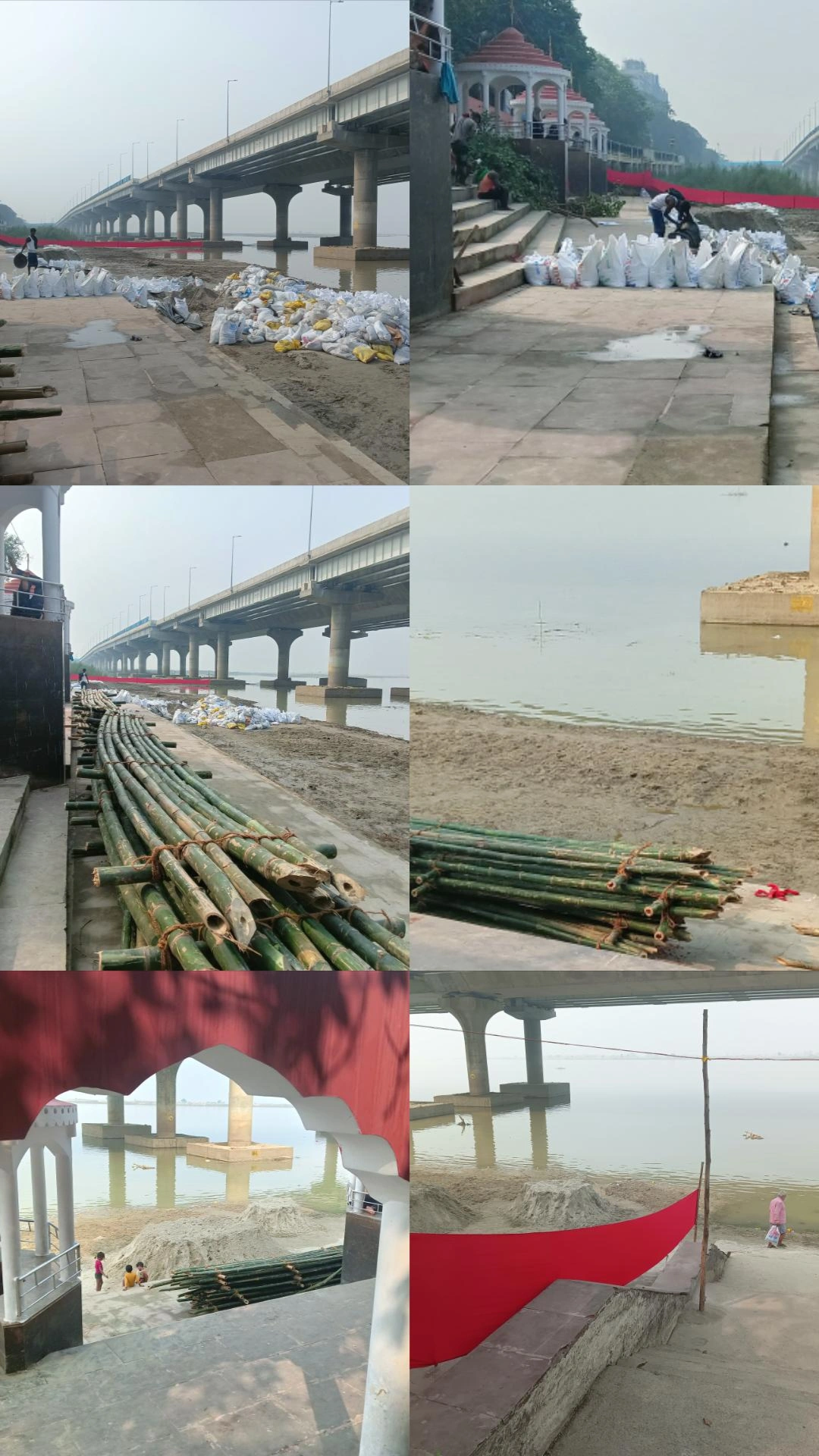 पटना के NIT घाट पर छठ पूजा और दिवाली की तैयारियाँ, सफाई और व्यवस्था में लगे श्रमिक, नदी किनारे बालू की बोरियां और बांस के ढांचे