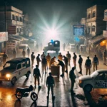 "Nighttime police checkpoint in an Indian town with officers inspecting vehicles under bright floodlights, people being questioned, and a backdrop of a busy street with Hindi signage and small shops typical of Bihar."