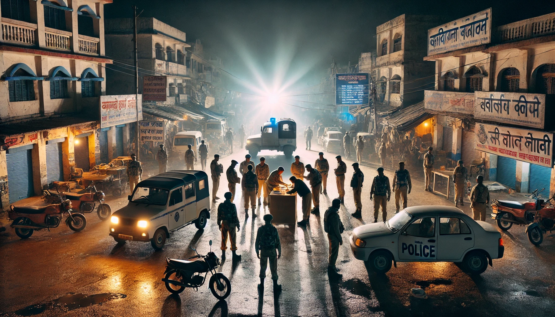 "Nighttime police checkpoint in an Indian town with officers inspecting vehicles under bright floodlights, people being questioned, and a backdrop of a busy street with Hindi signage and small shops typical of Bihar."